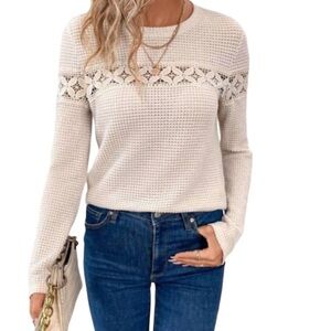 Shein NWT Frenchy Guipure Lace Insert Tee Cream Crochet Waffle Knit Size L 8/10